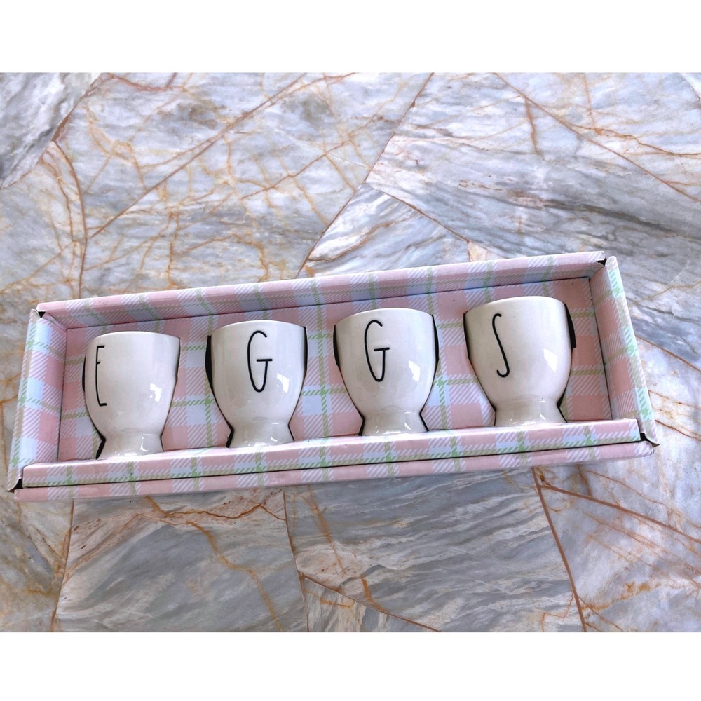 Rae Dunn Artisan Collection EGGS Ceramic Egg Cup Set of 4 Cream Magenta